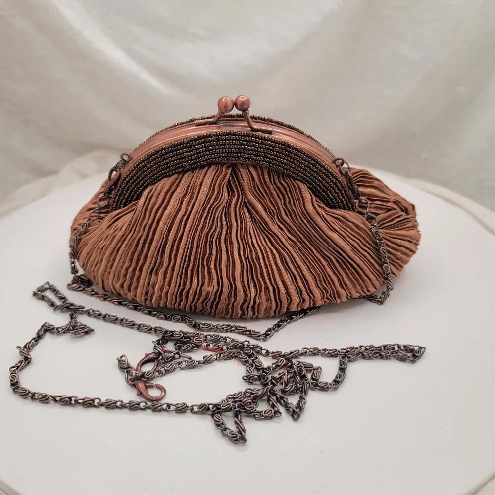 Carlo Fellini Bronze Pleated Satin and Beaded Bag Purse - Picture 5 of 6